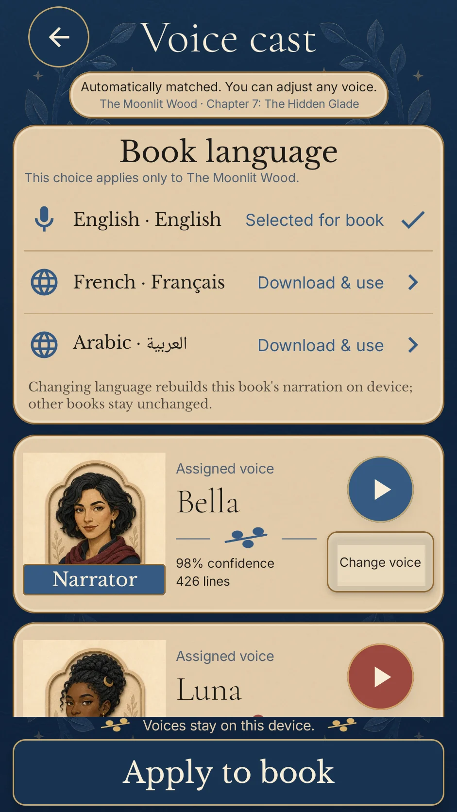 Écran de casting Whisperbook avec langue du livre et voix locales attribuées aux personnages